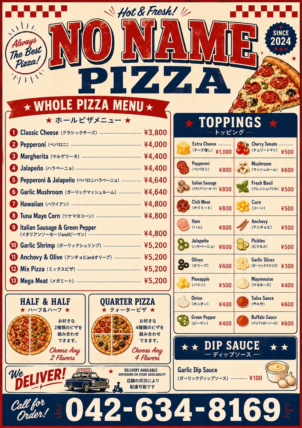 #NO NAME PIZZAのヴィンテージメニュー表